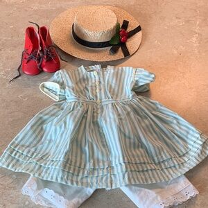 American Girl Blue Striped Dress with Red Shoes and Straw Hat